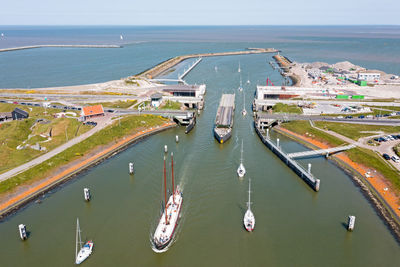 High angle view of boats in sea