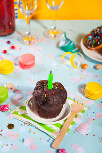 High angle view of birthday cake on table