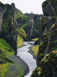 Scenic view of waterfall against sky