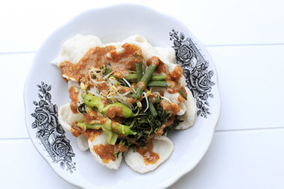 High angle view of food in plate on table