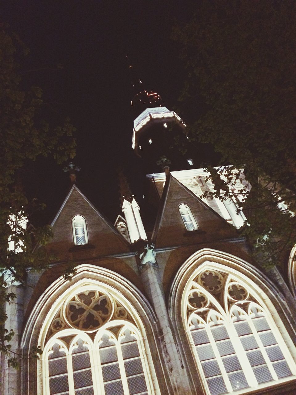 architecture, building exterior, built structure, low angle view, night, religion, window, arch, church, tower, clock tower, illuminated, tree, clear sky, sky, clock, city, no people, building