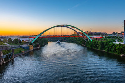 Bridge over river against sky during sunset