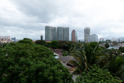 Trees and buildings in city against sky