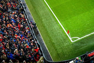 High angle view of people on soccer field