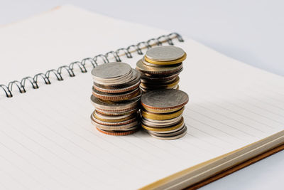 Close-up of coins on table