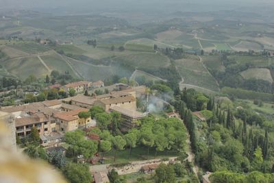 Aerial view of village in field