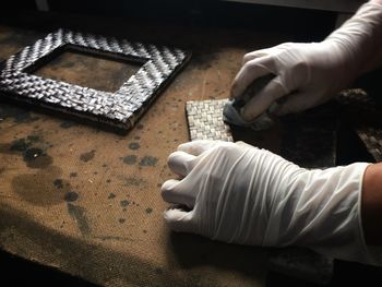 High angle view of man working on table