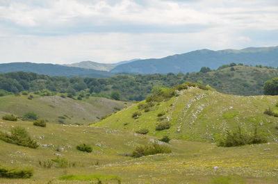 Scenic view of landscape and mountains against sky