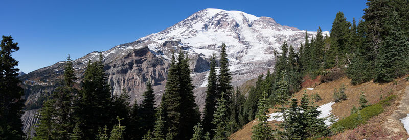 Panoramic view of snowcapped mountain against clear blue sky