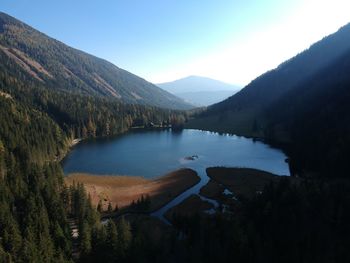 Scenic view of lake and mountains against sky