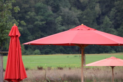 Red umbrella on field against trees