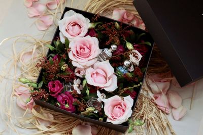 High angle view of rose bouquet