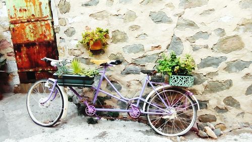 Bicycle parked on wall