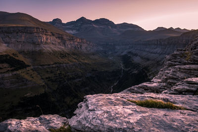 Scenic view of mountains against sky during sunset