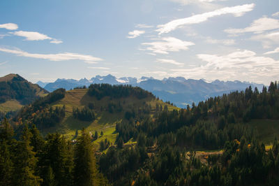 Scenic view of landscape and mountains against sky