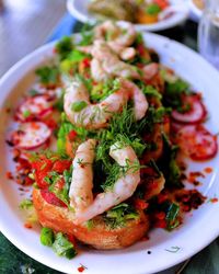 High angle view of shrimps in plate on table