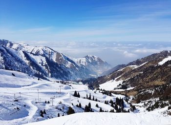 Panoramic view of snowcapped mountains against sky