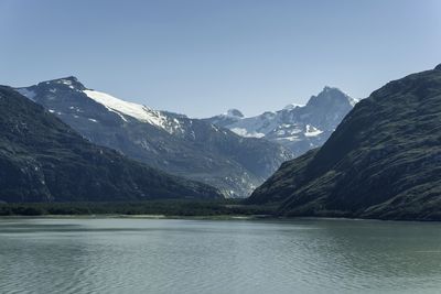 Scenic view of lake by mountains against sky