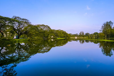 Scenic view of lake against clear blue sky