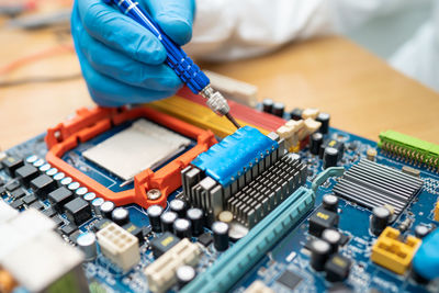 High angle view of worker working on table