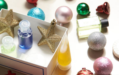 High angle view of christmas decorations on table