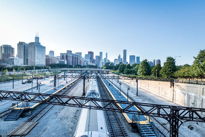 Modern cityscape against clear blue sky