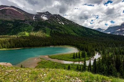 Scenic view of lake and mountains against sky