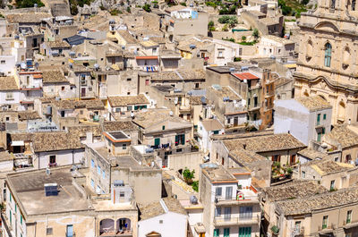 High angle view of houses in town