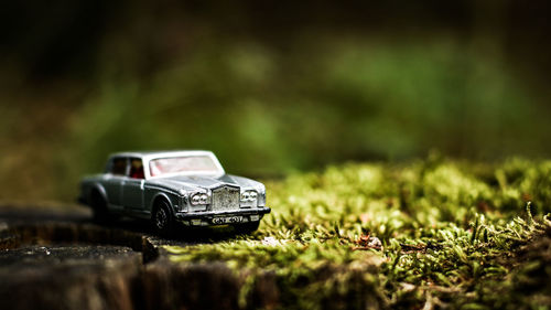 Close-up of toy car on field