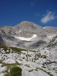 Scenic view of snowcapped mountains against blue sky