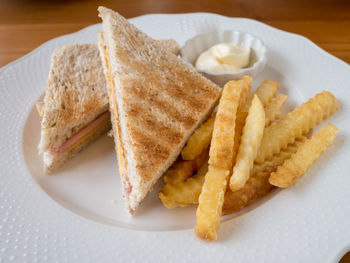 High angle view of breakfast served in plate on table