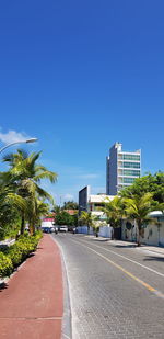 Road amidst trees and buildings against blue sky