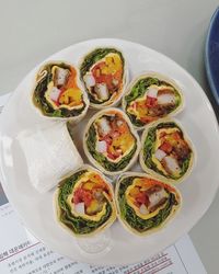 High angle view of food served on table