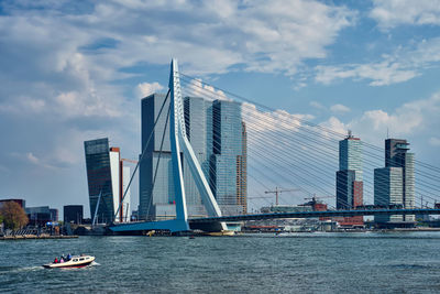 View of rotterdam sityscape with erasmusbrug bridge over nieuwe maas and modern skyscrapers