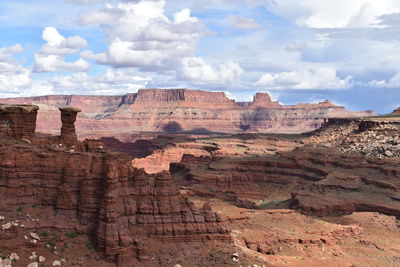 Rock formations on landscape against cloudy sky