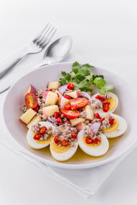 High angle view of breakfast on table