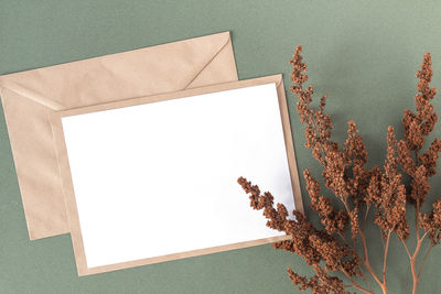 High angle view of empty table against blue background