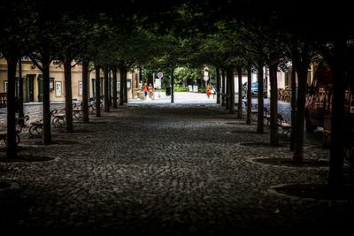 Rear view of people walking on street in city