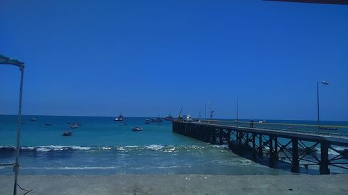 Scenic view of sea against clear blue sky