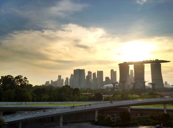 City skyline at sunset