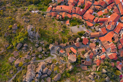 Drone aerial above top view of monsanto historic village, in portugal