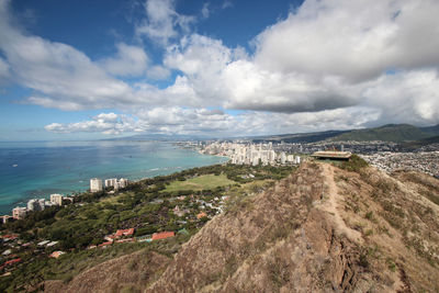 Panoramic view of sea and buildings against sky