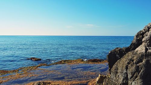 Scenic view of sea against clear blue sky