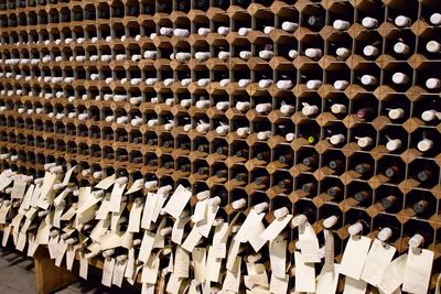 Full frame shot of bottles in shelves