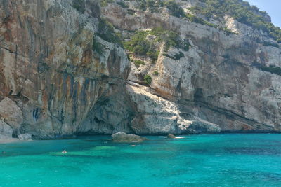 Scenic view of sea by rock formation