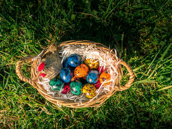 High angle view of multi colored eggs in basket on field