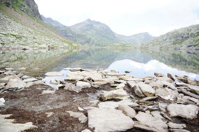 Scenic view of lake and mountains against sky