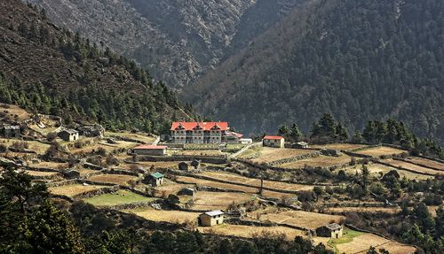 High angle view of buildings and mountains