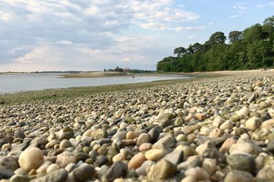 Surface level of pebble beach against sky