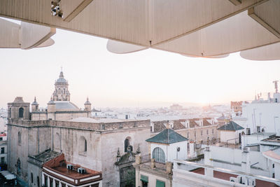 Cityscape seen from metropol parasol against clear sky